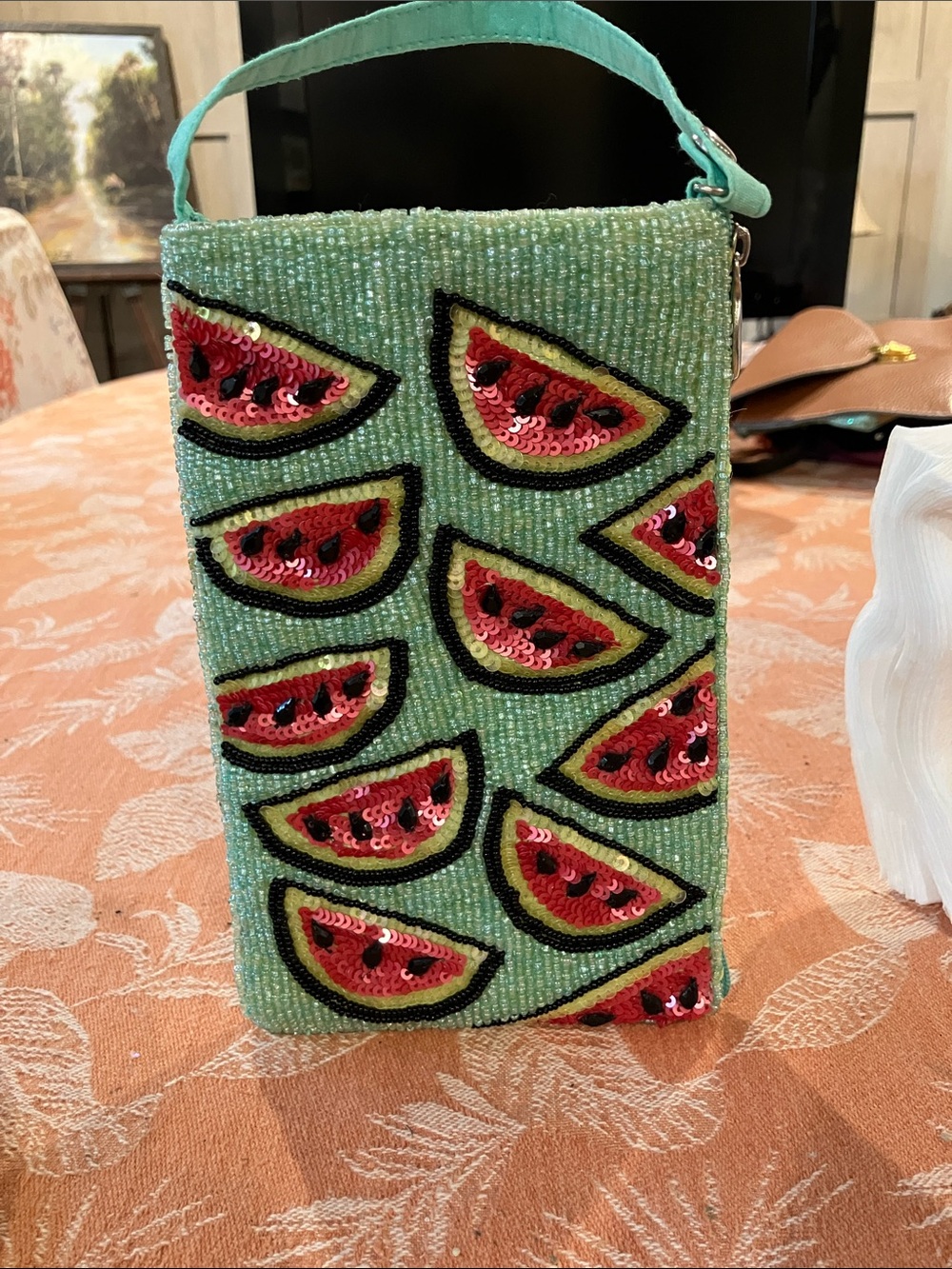 Mint Beaded Watermelon Wristlet Clutch